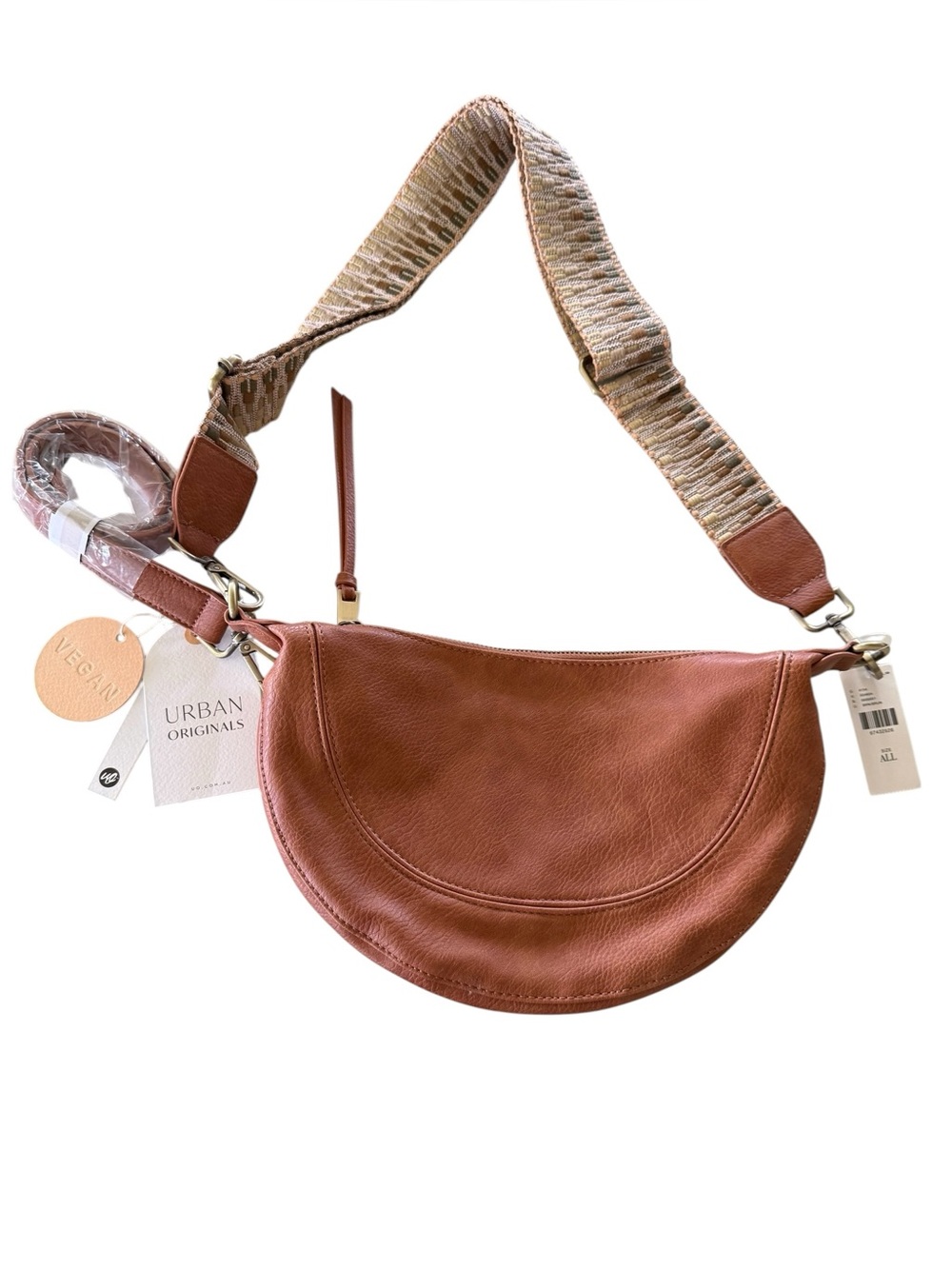 Anthropologie Urban Originals Half-Moon Crossbody Bag with Woven Strap Tan